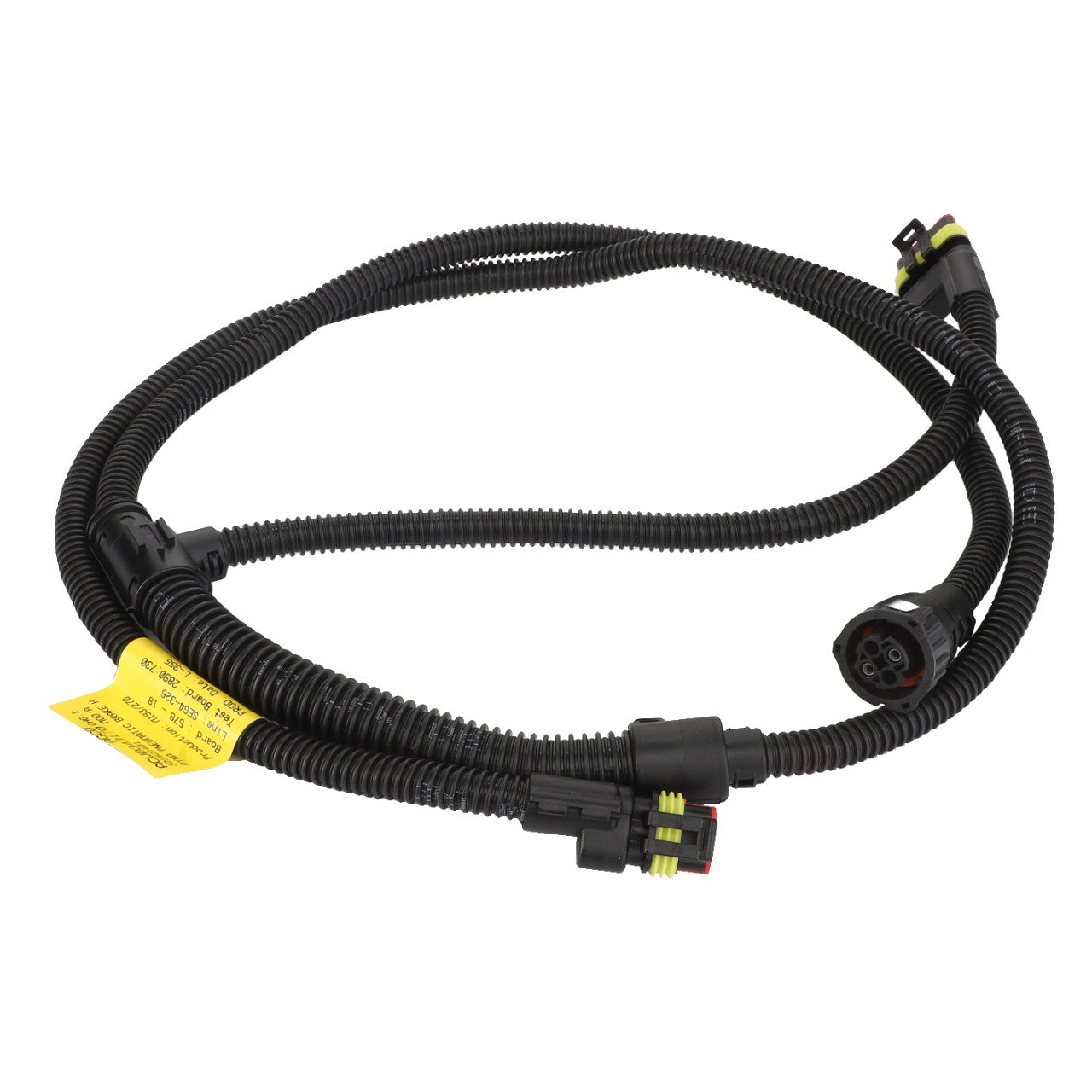 The AGCO Harness - Acw0343170, an electrical wiring harness with multiple connectors and a yellow label with text, is coiled neatly on a white background. No current product description information is available.