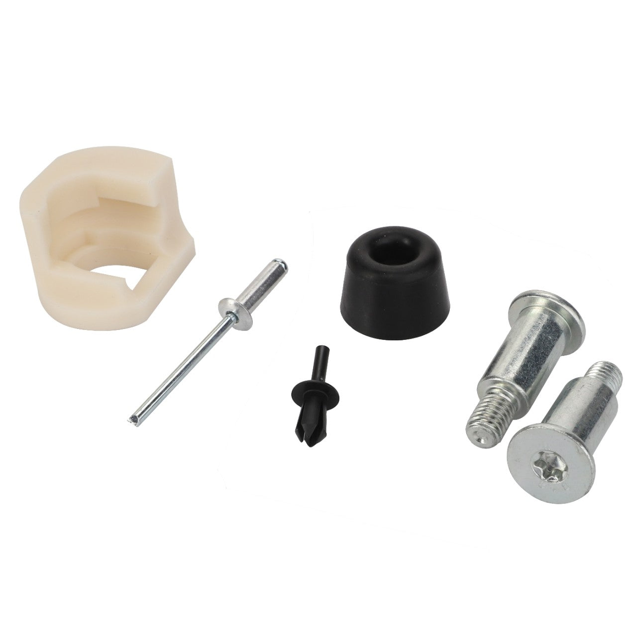 The AGCO | SMALL PARTS KIT - F931502030530 by AGCO is a curated set of six essential hardware components, including screws, a rubber cap, a plastic clip, and a sturdy metal pin.