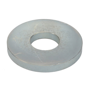 The AGCO Flat Washer - La300018047 is a silver metal washer with a central hole, typically used in assembly and construction to distribute the load of a threaded fastener like a screw or nut.