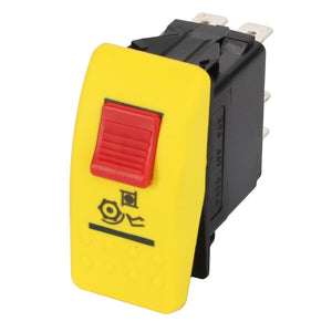 The AGCO | SWITCH - D45050063 is a rectangular yellow and black switch featuring a red button and a safety symbol, commonly used in power tools or machinery for on/off operation.