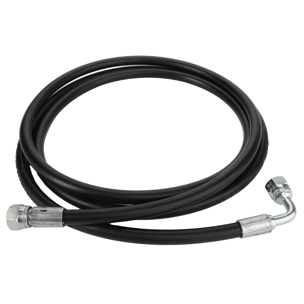 A coiled black AGCO Drain Hose (model Acw3619230), featuring metal fittings on both ends—one straight and one angled. No current product description information is available.