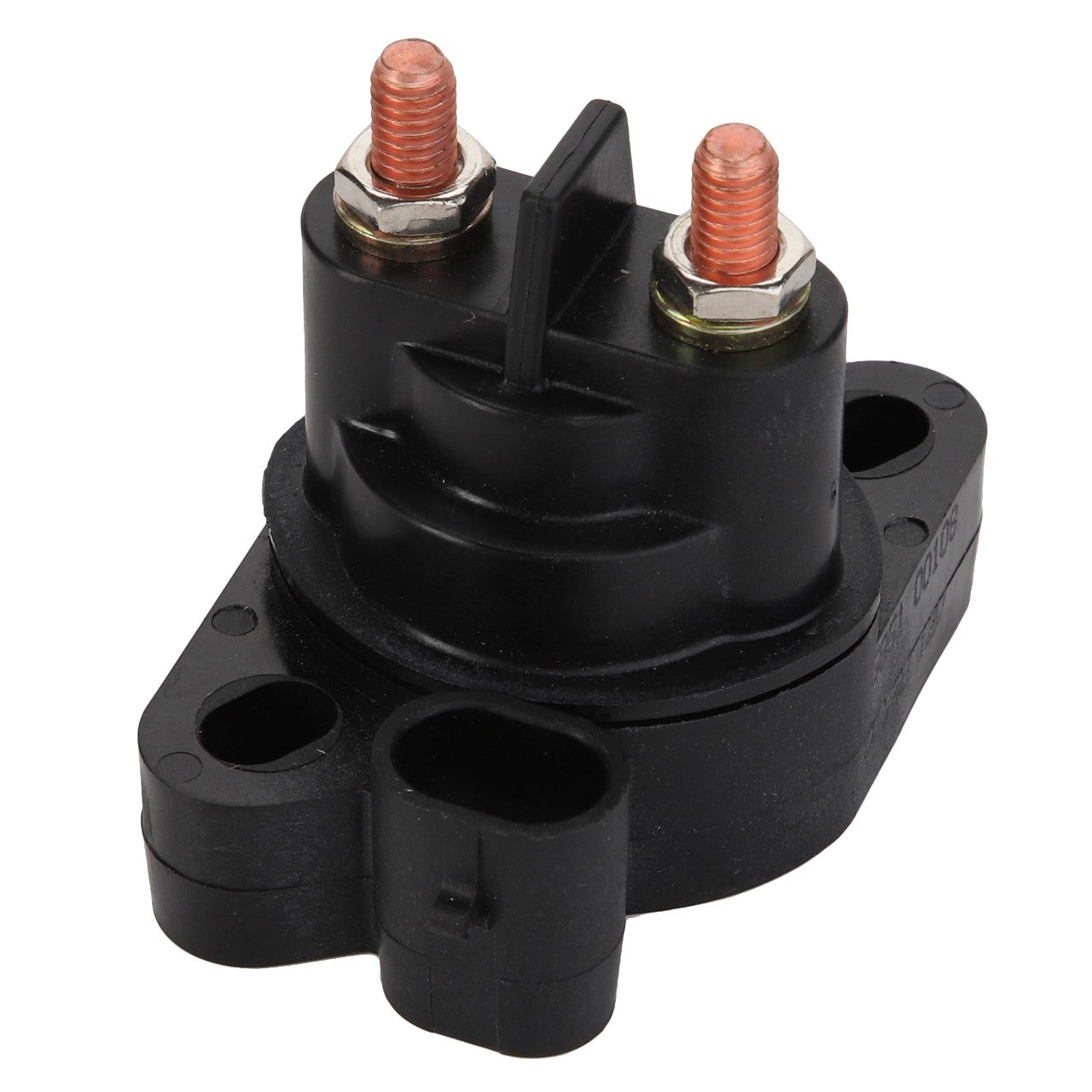 The AGCO SOLENOID - ATV0445-058 is a black, cylindrical electrical component featuring two copper terminals and mounting holes on its base. No current product description information is available.