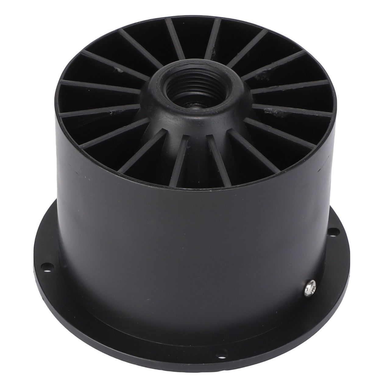 The AGCO TURBINE - AG722819 is a sleek, black cylindrical plastic component featuring radial fins and a central threaded hole, all mounted on a flat circular base.