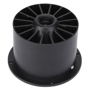 The AGCO TURBINE - AG722819 is a sleek, black cylindrical plastic component featuring radial fins and a central threaded hole, all mounted on a flat circular base.