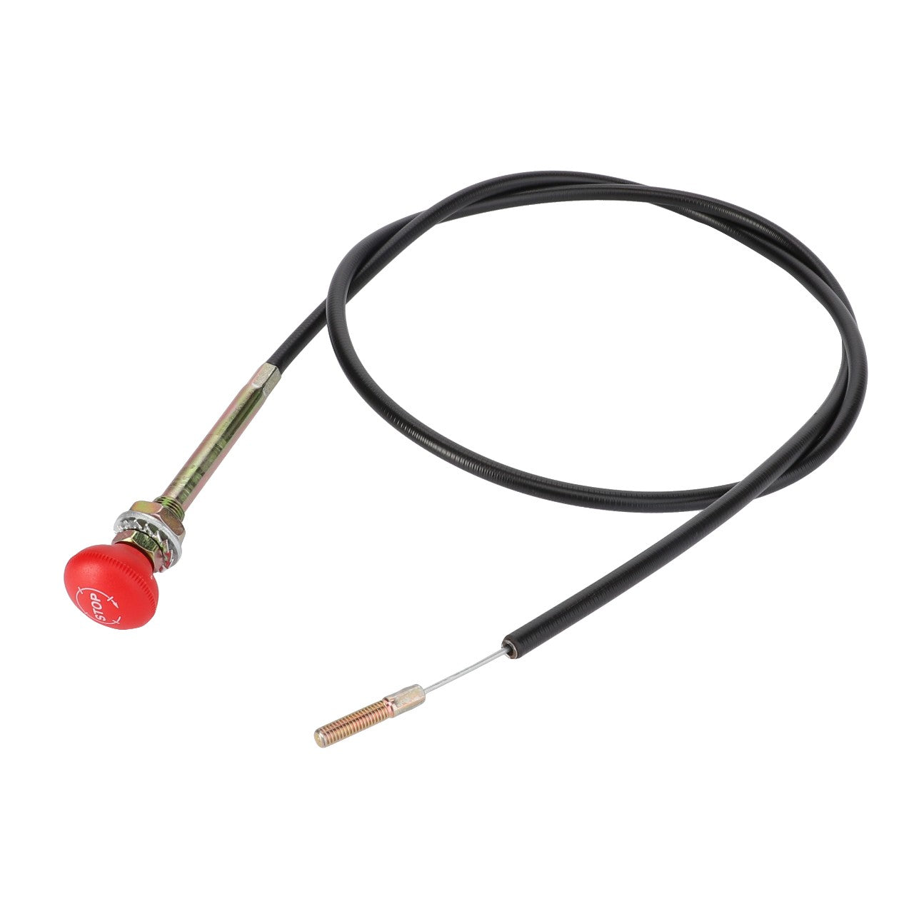 The AGCO Control Cable, Injection Pump - Acp0250160 features an ergonomic design for easy handling, with a red knob on one end and a thin metal rod on the other end, all connected by a black flexible casing.