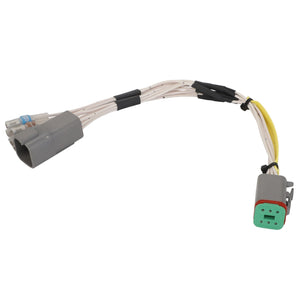 The AGCO Harness - Act0025610 features multiple connectors, including a gray plug with several white wires and a gray and green plug with yellow and white wires. While there is no current product description available, it is identified by the brand name AGCO.