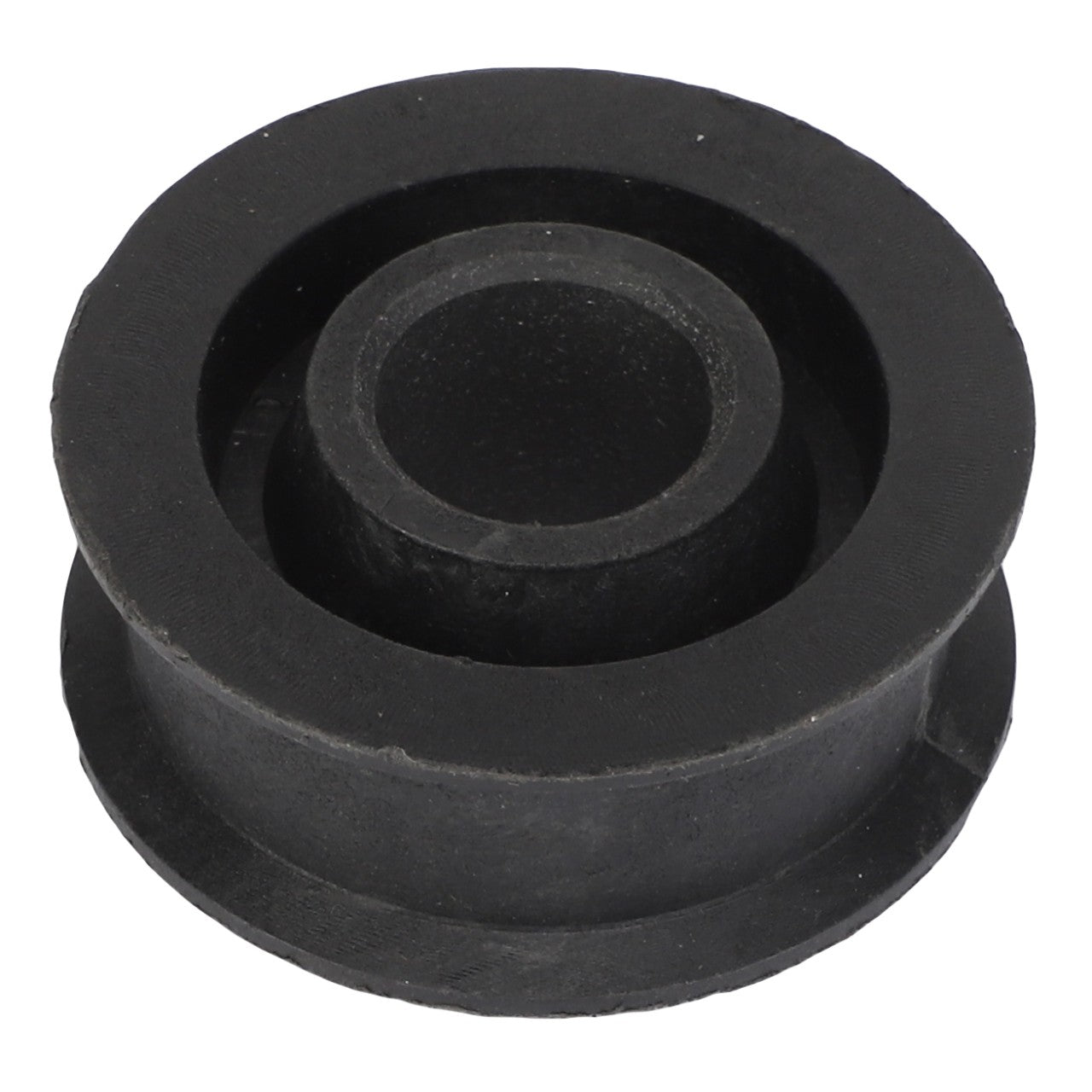 Currently, no product description information is available for the close-up image of the AGCO Pulley, Idler (model Acx2948840) in black rubber with a flanged design and a central hole.