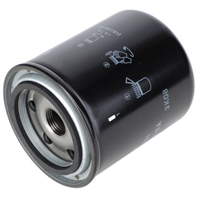 A cylindrical black AGCO Hydraulic Filter - 6258877M91 with silver metal components and various printed icons and text indicating usage instructions, designed for hydraulic systems in Massey Ferguson and Fendt models.