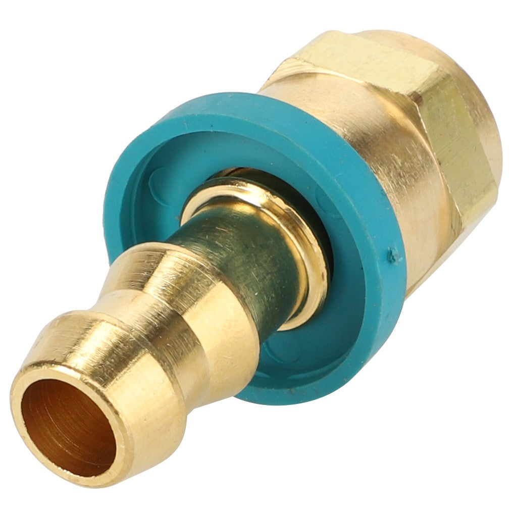 The AGCO Adapter Fitting - AG561168 is a brass barbed hose fitting that includes a blue gasket, with one end featuring a hexagonal nut and the other end designed as a barbed connector. Unfortunately, no further product description information is available at this time.