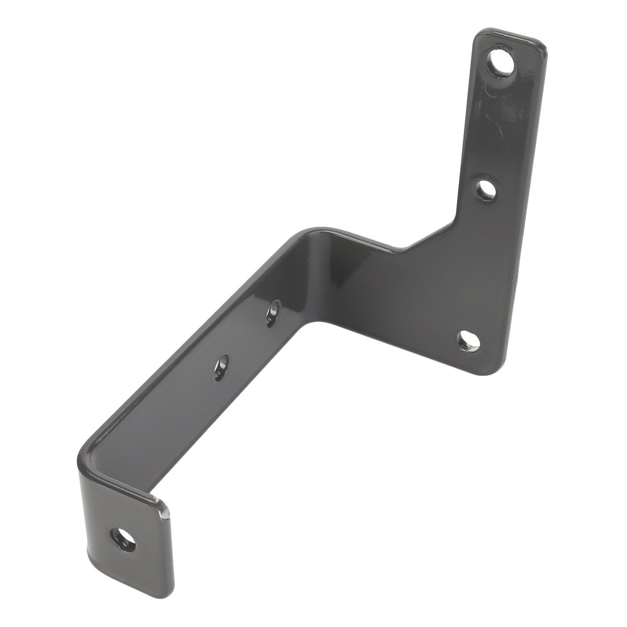 The AGCO Bracket - Acw1747790 by AGCO is a robust black metal bracket with multiple screw holes, designed for mounting or support purposes. It features a right-angle configuration and an additional extended arm for enhanced stability.