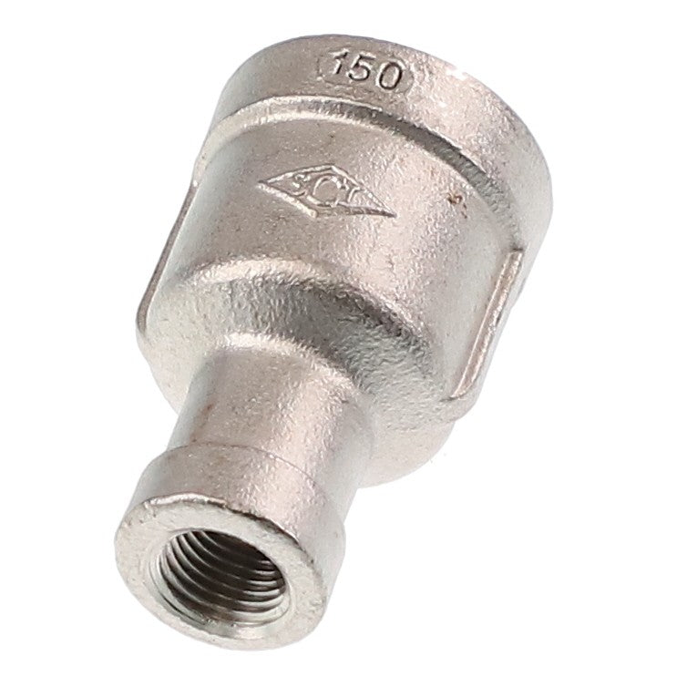 The product is the AGCO Coupling (AG563038), a metal pipe fitting with threaded ends and "150" embossed on the side. Brand Name: AGCO. Current product description information is unavailable.