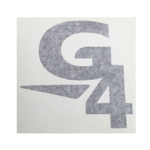 The AGCO DECAL - AG610784 features a sleek gray logo with the letters "G4" stylishly integrated, incorporating a dynamic triangular element seamlessly into the design.