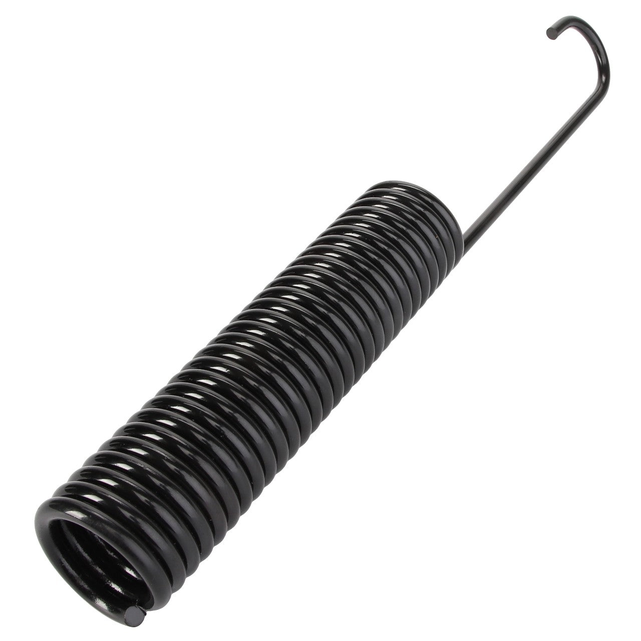 Introducing the AGCO | SPRING - ACY1511450 by AGCO: a black metal tension spring with a hook on one end and a flat coil design. For more information, please refer to the product details section since a full description is currently unavailable.