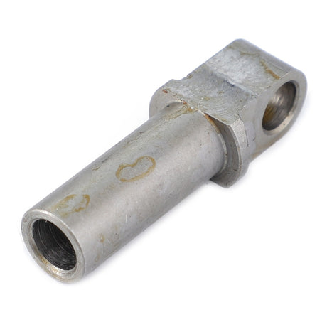 A close-up view of the AGCO Lever Pin, Automatic Clevis - Acp0210320, showcasing its metallic cylindrical connector with a threaded hole and hexagonal base, designed for fluid or gas lines, resembling precision hitch components.