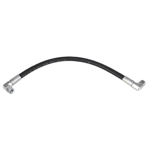 The AGCO hydraulic hose (model AL9031939) boasts a flexible black construction with metal fittings on both ends – one straight and the other angled – all showcased against a pristine white background.