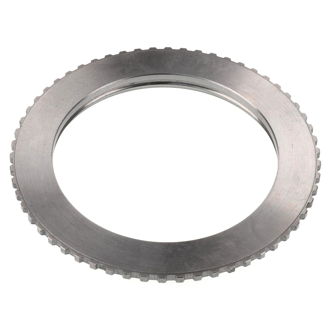 A silver metal gear ring with evenly spaced teeth on its outer edge and a smooth circular inner section, similar to the precision engineering of the AGCO Tooth Washer - 3796344M1 found in various Massey Ferguson MF models.