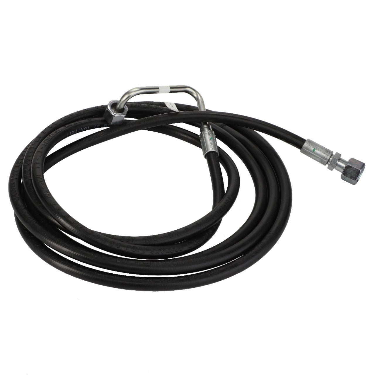 The AGCO | Hydraulic Hose - Acw4962890 is a coiled black rubber hose with sturdy metal connectors, meticulously designed for efficient fluid transfer applications.