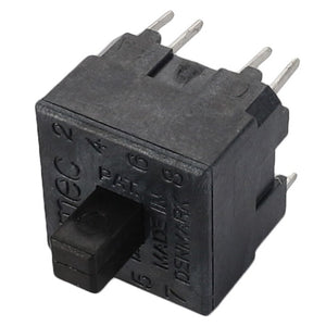 Close-up of a black rectangular electronic component with multiple metal pins, identified as the AGCO SWITCH - D45049800 push-button switch from the brand AGCO. No current product description available.