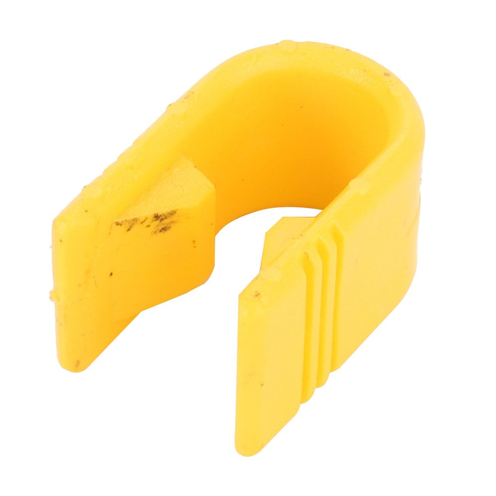 Introducing the AGCO | CLIP - 0.008.8383.0, a yellow plastic clip featuring a U-shaped design and ridged sides, perfect for organization. For any product questions or ordering inquiries, our support team at AGCO is here to help.