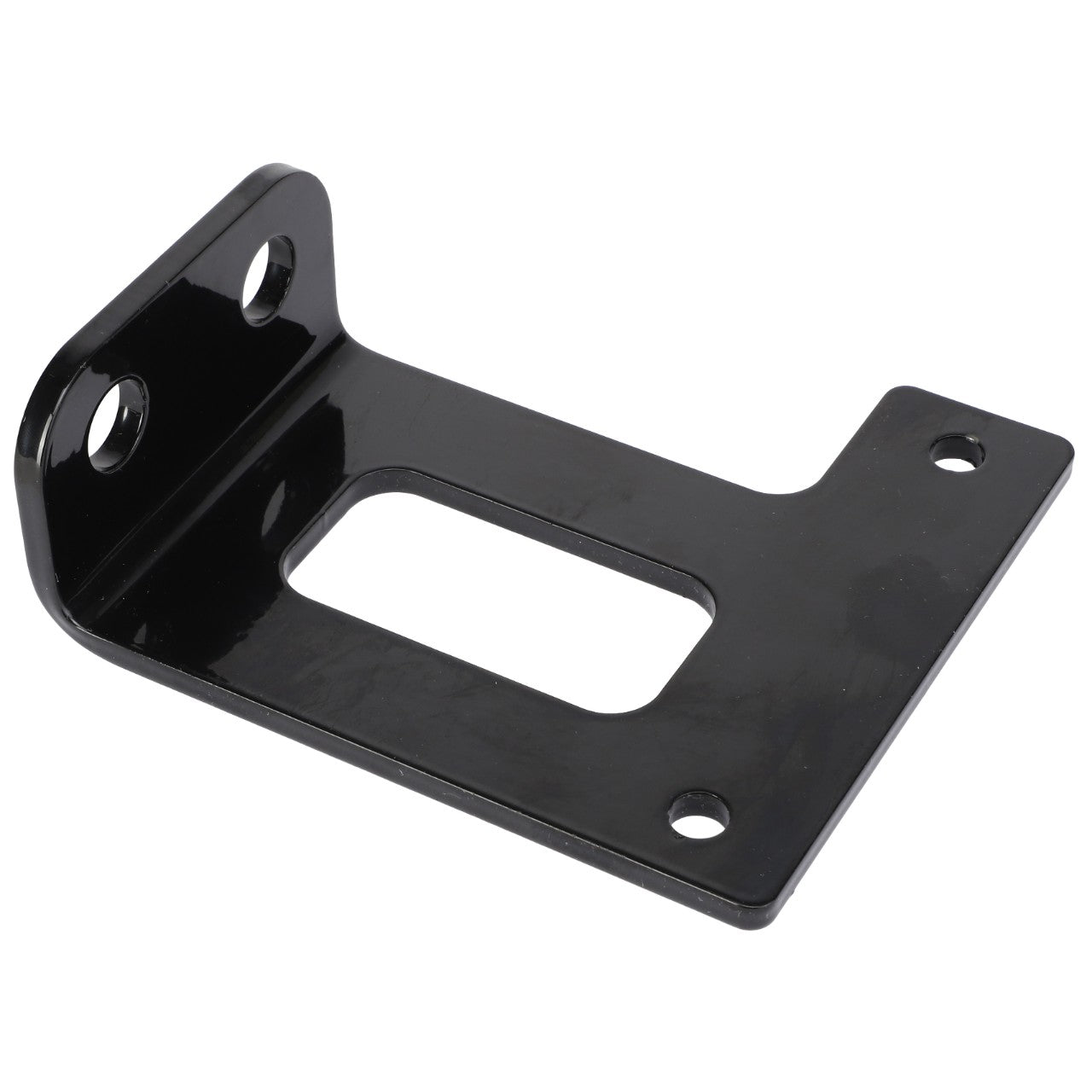 The AGCO Bracket - Al5222580 is a black metal bracket with two holes on the vertical side and two holes on the horizontal side, featuring a rectangular cutout in the center. No current product description available.