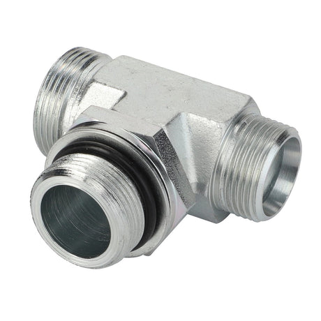 The AGCO | Reducer Fitting - Acw3389550 is a metal T-shaped pipe fitting with threaded ends and features a rubber O-ring on one of the outlets. No additional product description information is available at this time.