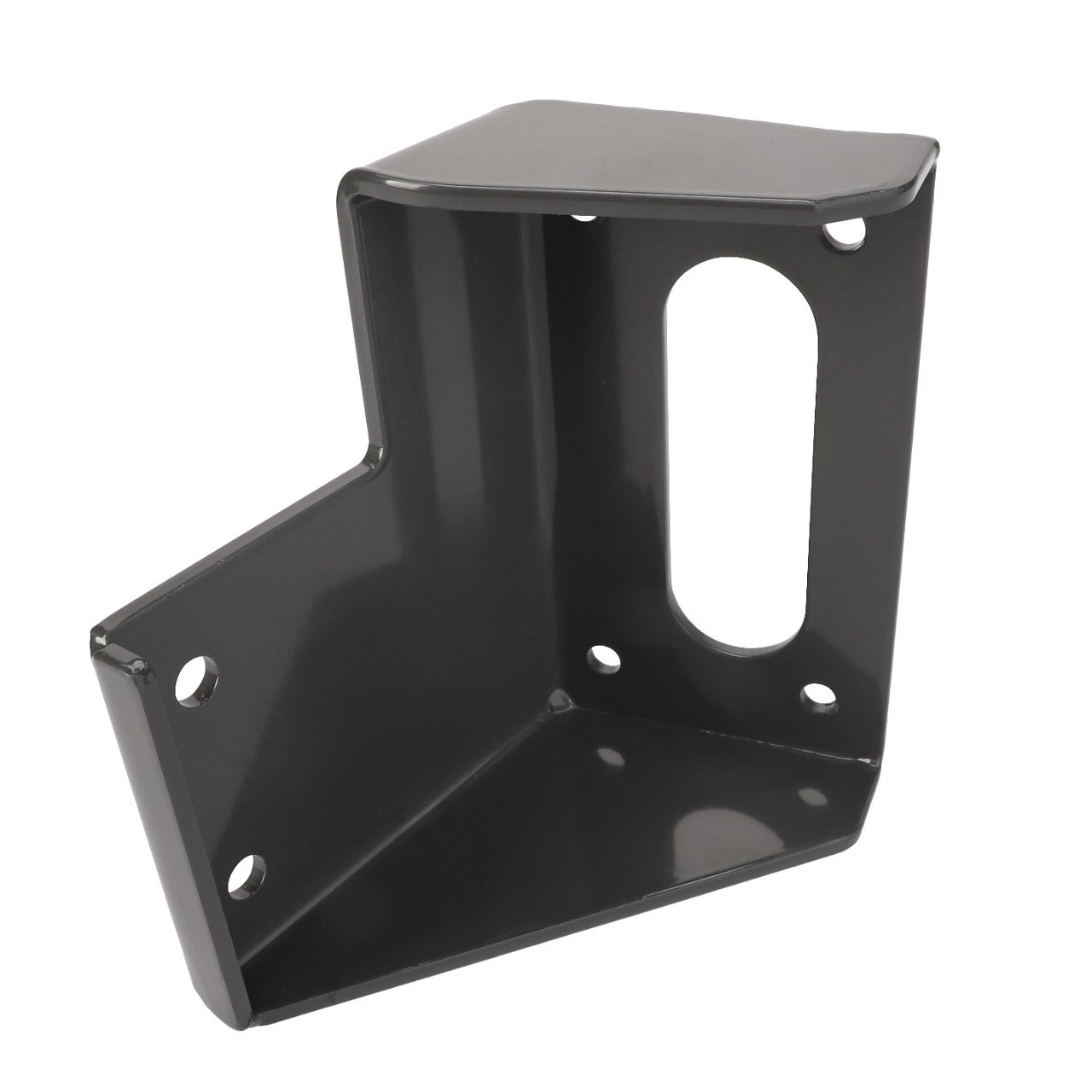 The AGCO Bracket, Left Hand - Acp0289940 is a black metal bracket with an angular design, featuring multiple mounting holes and an elongated oval cutout.