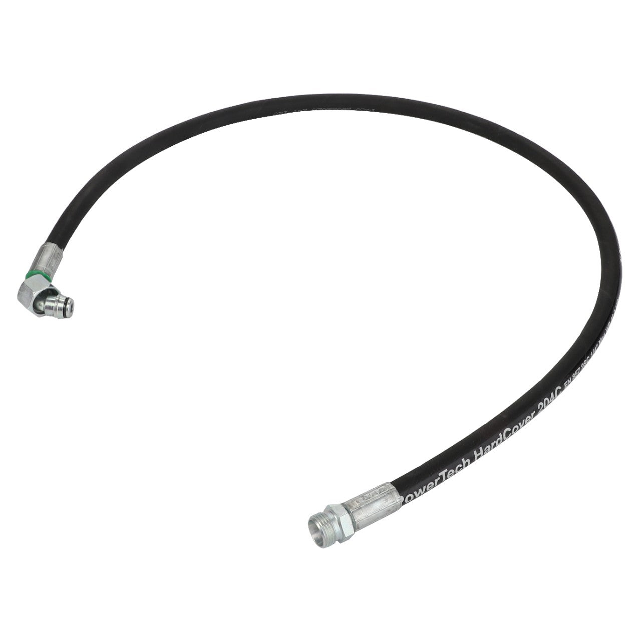 A black, curved AGCO hydraulic hose with metal fittings on both ends, designed for fluid transfer in hydraulic systems. No current product description information is available.