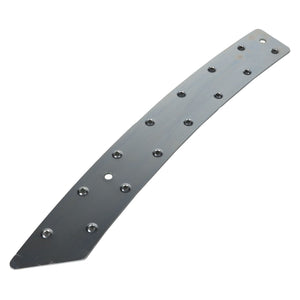 The AGCO Threaded Plate - Acw1961370 is a curved, elongated metal plate featuring multiple evenly spaced holes along its length.