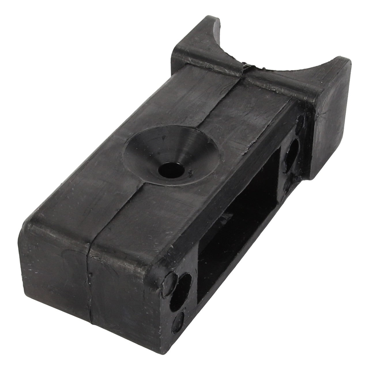 The AGCO Bracket - 112367434300 is a sleek black rectangular piece made of plastic or rubber, featuring a central hole and various mounting points, potentially a key component of a mechanical or electronic device.