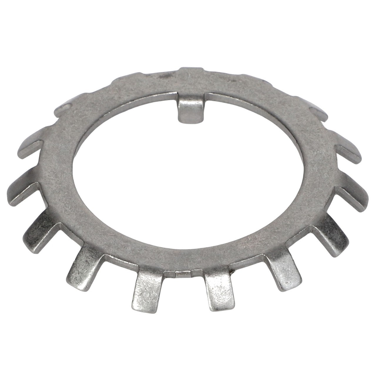 AGCO Lockwasher - 807693, a metal retaining ring featuring multiple tabs extending from its circumference, is displayed on a white background. Currently, there is no product description available.