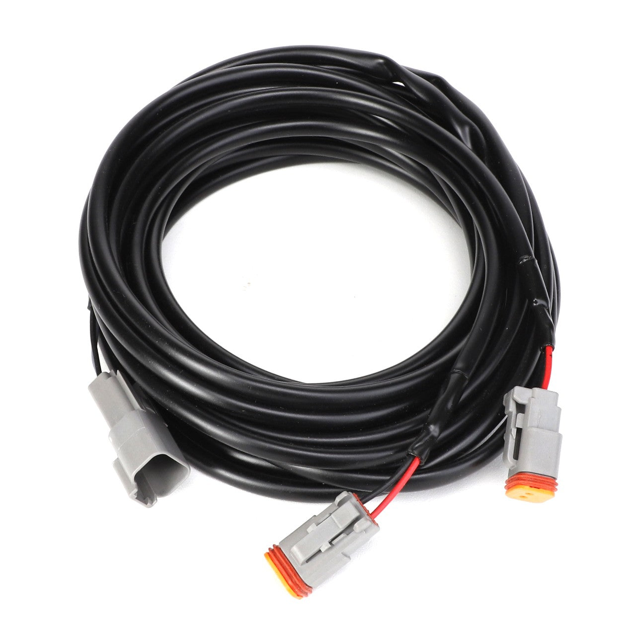 The AGCO Harness - Acp0344180 is a durable, coiled black cable featuring sleek gray and vibrant orange connectors at both ends.