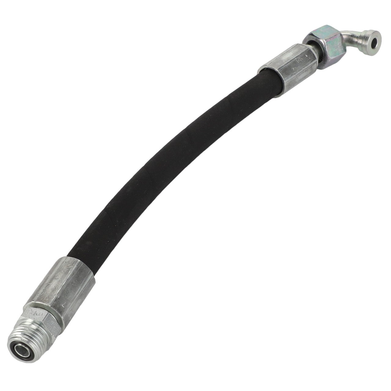 There is no current product description information available for the AGCO Hose - Acw171061A, a flexible black hose with metal fittings at both ends, featuring one straight end and one angled end.