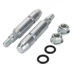 Two AGCO | DOWEL - AL10301554 metal bolts with nuts and washers. The bolts are cylindrical, with one end threaded and the other end rounded. Two black rubber washers and two metal hex nuts are placed beside the bolts. No information available about their specific use or material grade.