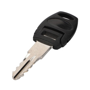 The AGCO | Cab Door Key - Acx3158990, a sleek silver and black key with a plastic head, featuring a rectangular cutout and a rounded edge, is placed against a white background—an essential accessory for your Valtra needs.