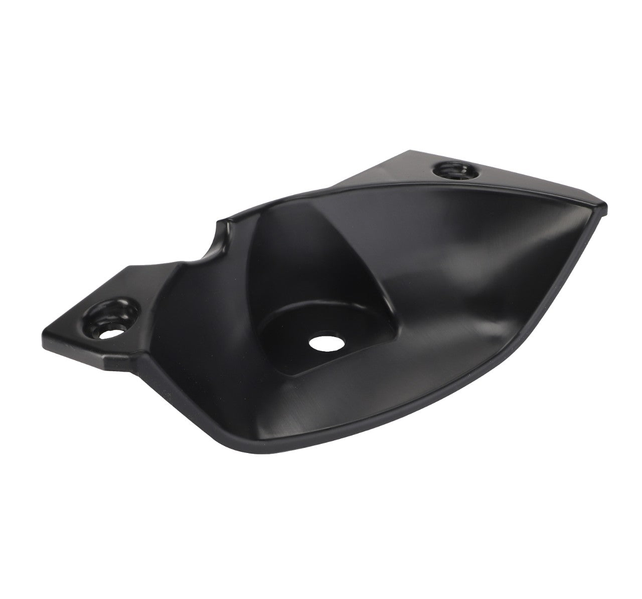 The AGCO Cover - Acw0645090 is a black plastic mounting bracket featuring two screw holes and a central indented area, ideal for securing or positioning various components.