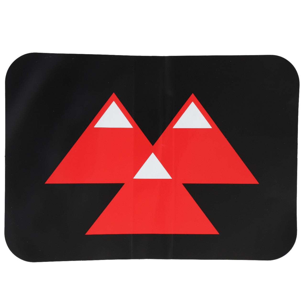 The AGCO | DECAL - D49100121 from AGCO is a sleek black rectangle with rounded corners, showcasing four striking red triangles perfectly arranged to form a larger triangle, all set against white triangular spaces in between.