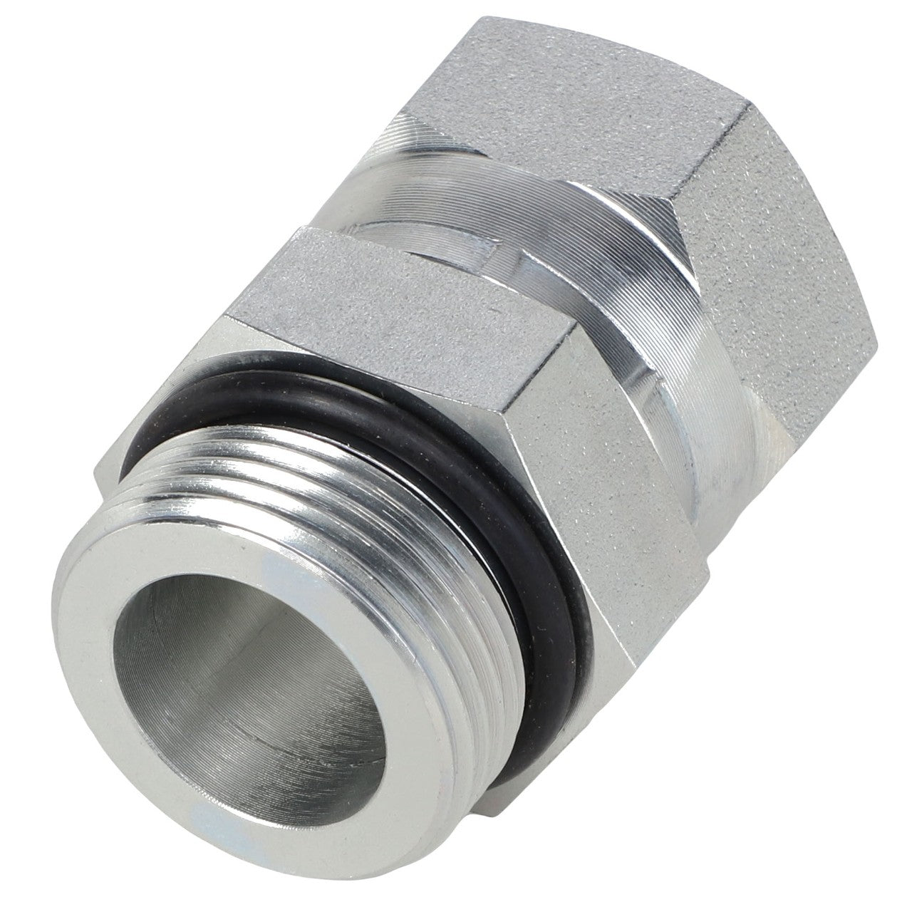 AGCO's ADAPTER - AG133437 is a metallic threaded pipe fitting featuring a hexagonal nut and an O-ring, expertly designed for seamlessly connecting two pipes or hoses in various systems.