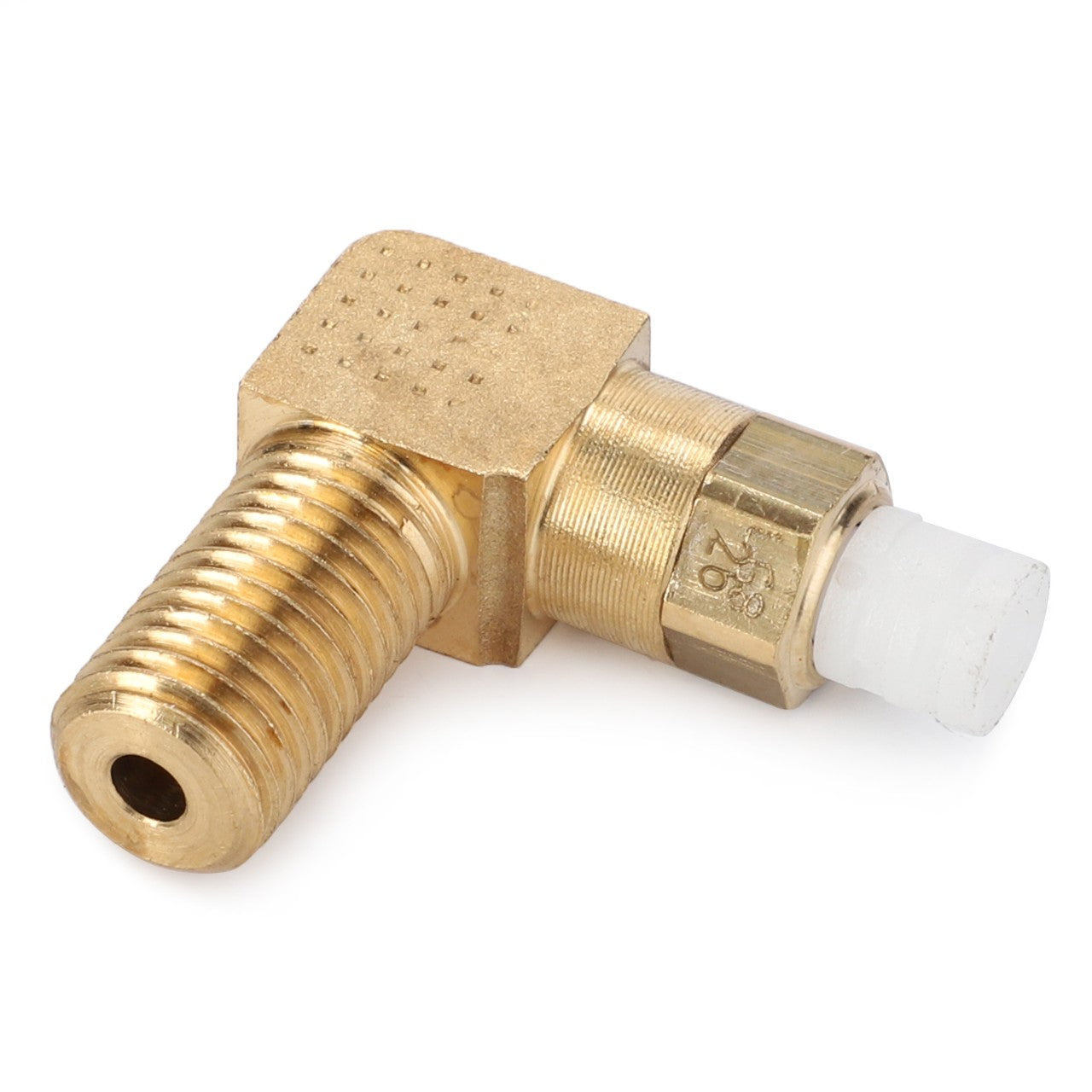 The AGCO | W-E Threaded Connection - X585631500000 is a brass right-angle pipe fitting featuring a threaded male end and a capped female end, designed to meet the high standards of Fendt models like the Vario S4.