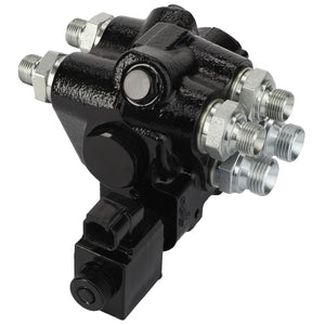 The AGCO Block - Acp0437380 hydraulic component features multiple threaded ports, a sleek black casing, and a rectangular electrical connector at the base.