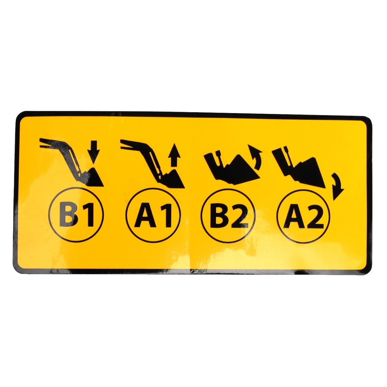 Yellow AGCO sign (DECAL - AL11135173) with black illustrations showing proper and improper ways to insert and remove objects labeled B1, A1, B2, and A2. No current product description information is available.