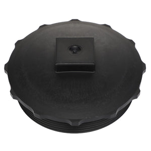 Close-up view of the AGCO Cap Fitting - Acw2407700 featuring a black plastic lid with a square knob in the center. No current product description information available.