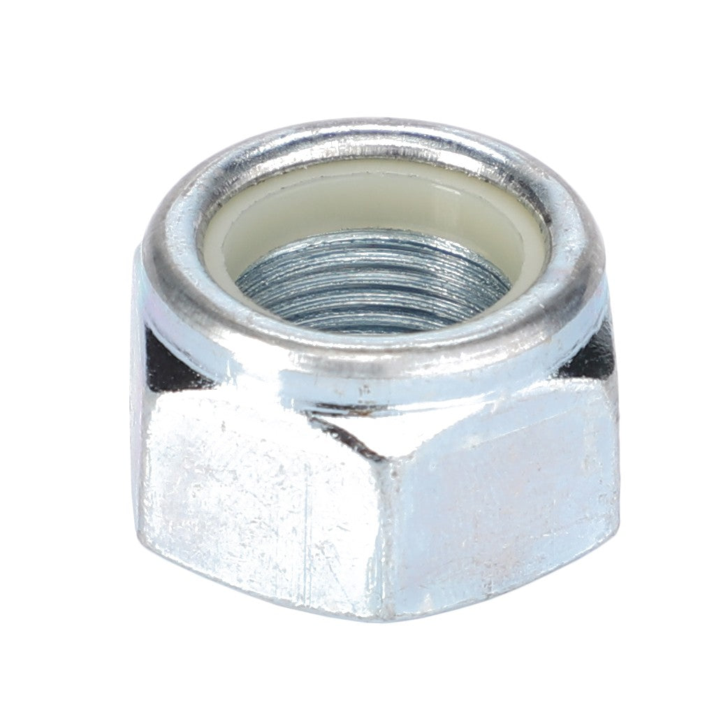 A close-up image of the AGCO | NUT - F339300020140, a metallic hex nut commonly used in fastening applications, featuring a nylon insert to prevent loosening. For any questions or assistance with ordering, please contact our support team.