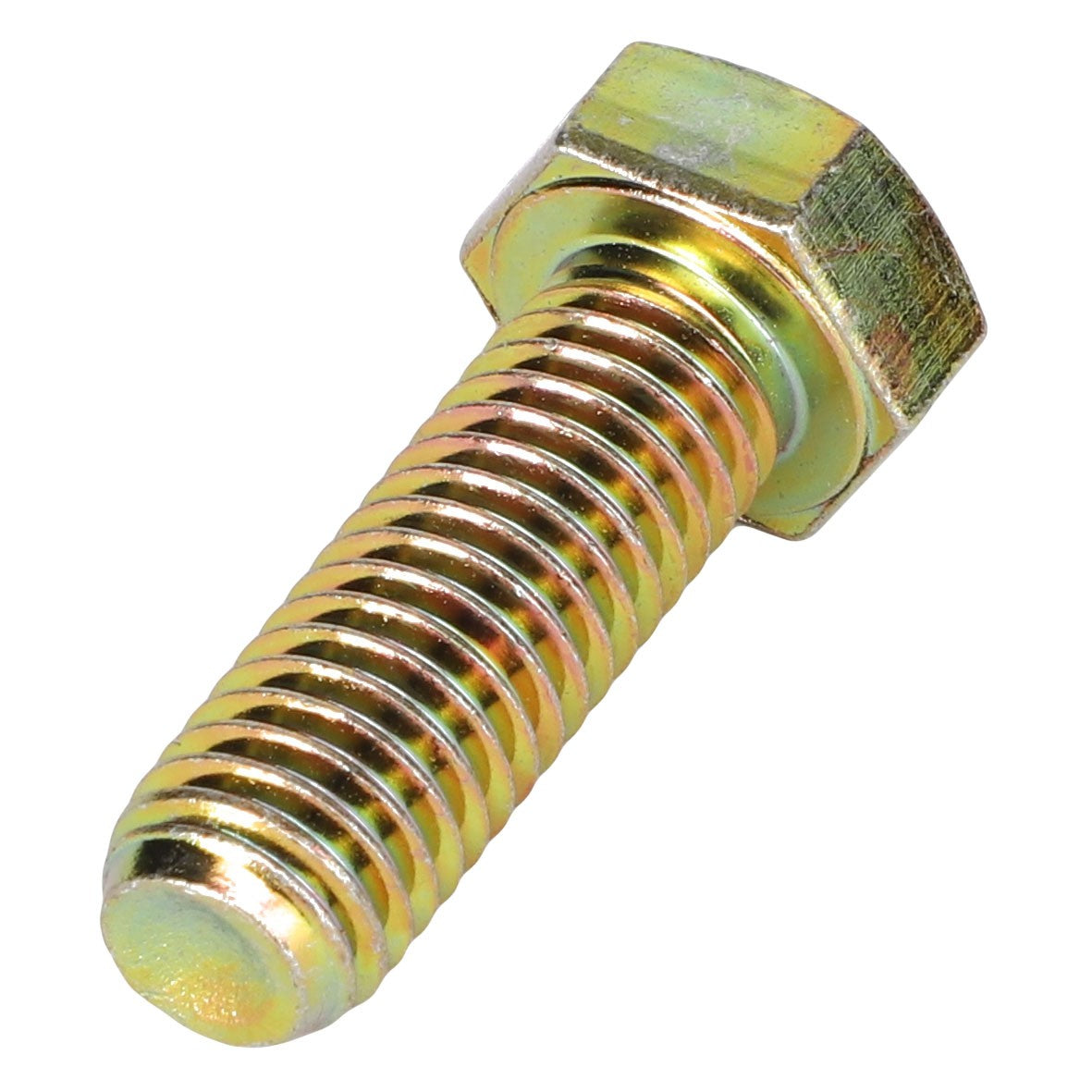 A close-up of the AGCO | HEXAGONAL HEAD BOLT - AG559237, showcasing its shiny hex head and detailed threading along the shaft. This bolt features a distinctive yellow-gold finish. Additional product description information is currently unavailable.