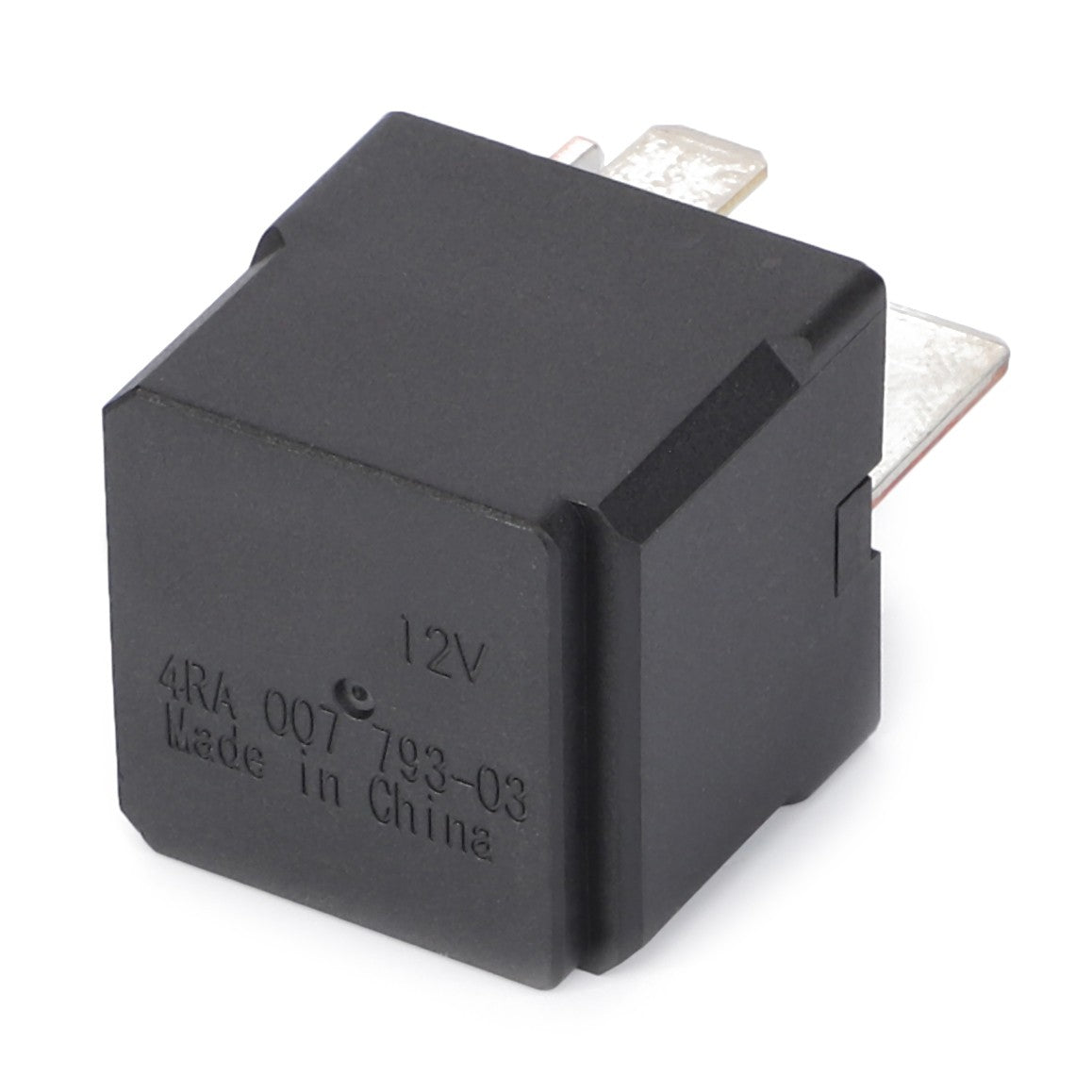 The AGCO Relay, 12V - 4270844M1, a black automotive relay featuring metal prongs and marked with "4RA 007 793-03 Made in China," is designed to fit Massey Ferguson models. This genuine AGCO Parts electrics component ensures operating safety and reliability.