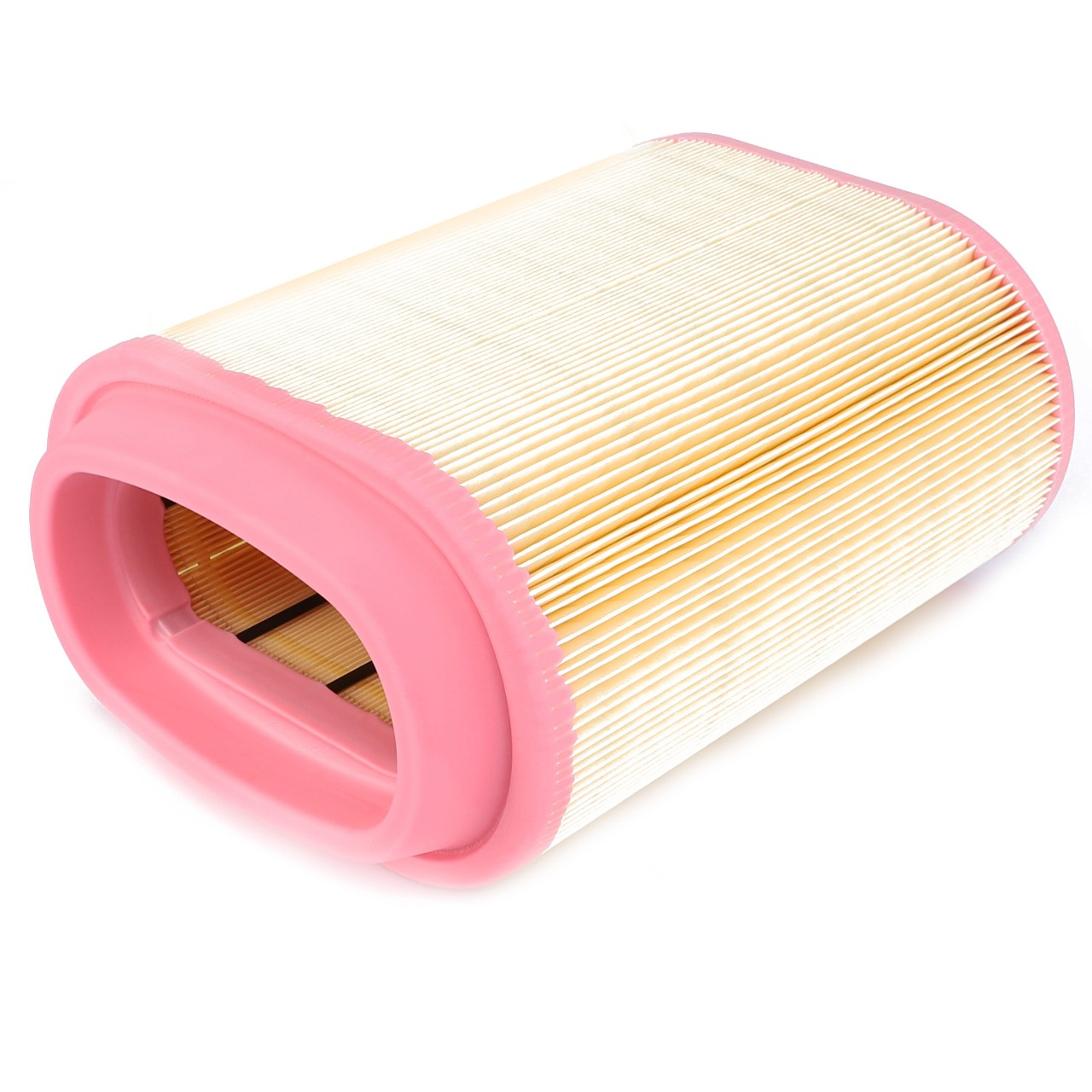 An AGCO Engine Air Filter Cartridge (H530811140621) featuring pleated paper and a pink rubber frame, designed for engine protection in Fendt models.