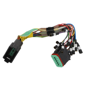 No current product description available for AGCO | Harness - Act0003340 by AGCO. This multi-colored wiring harness features connectors at both ends, including a black connector with green details and a rectangular connector with a green insert and multiple pins.