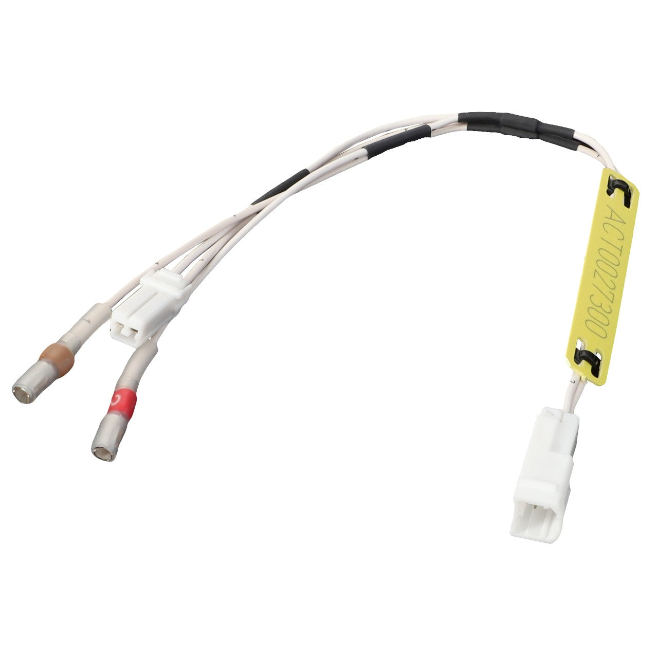 A pristine white two-connector cable assembly featuring three insulated wire leads, accompanied by a distinctive yellow identification tag – AGCO | Harness - Act0027300 by AGCO.