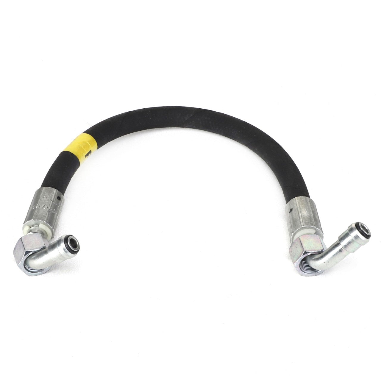 A black flexible hose with metal fittings on both ends—one straight and one angled—is shown against a white background. The product is identified as AGCO Hose - Acp0295740 by the brand AGCO. No current product description available.