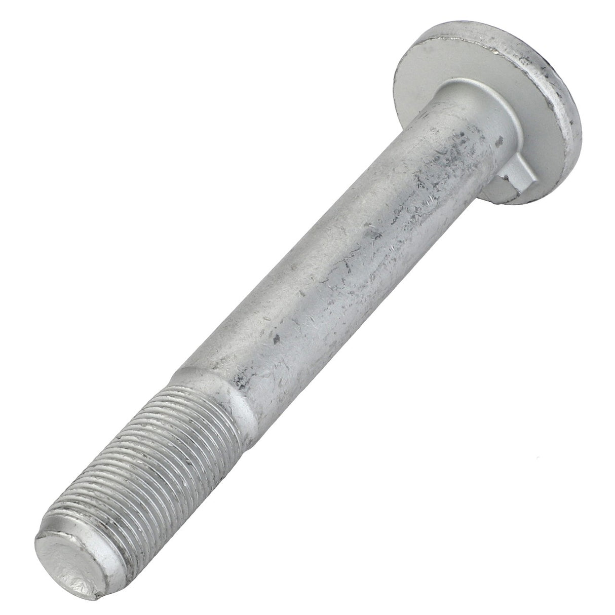 Product Description: The AGCO | Round Head Screw - F283700010030 by AGCO is a close-up of a silver metal bolt featuring a flat head. It has a threaded end and a smooth cylindrical body.