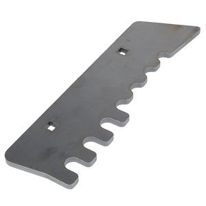 The AGCO Wear Plate - Acw9087820 is a gray metal tool with a rectangular base and a notched edge, featuring five curved cuts and two square holes. No current product description information is available.